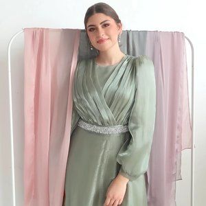 Esma Sage Green Shimmering Belted Gown